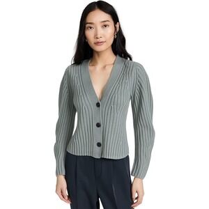 Vince Ribbed Knit Cardigan Sweater Poet Sleeve V Neck Button Merino Wool Gray‎ S